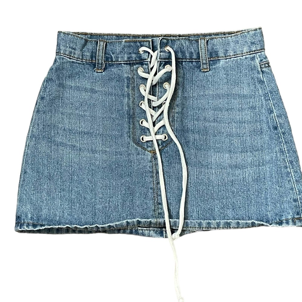 Forever 21 Denim Jean Skirt Size Small Light Blue Lace Up Tie Womens 26X12.5